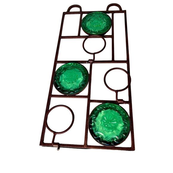 Vintage Wall Hanging Metal 3 Light Votive Candle Holder Green Glass 16” - Picture 2 of 8